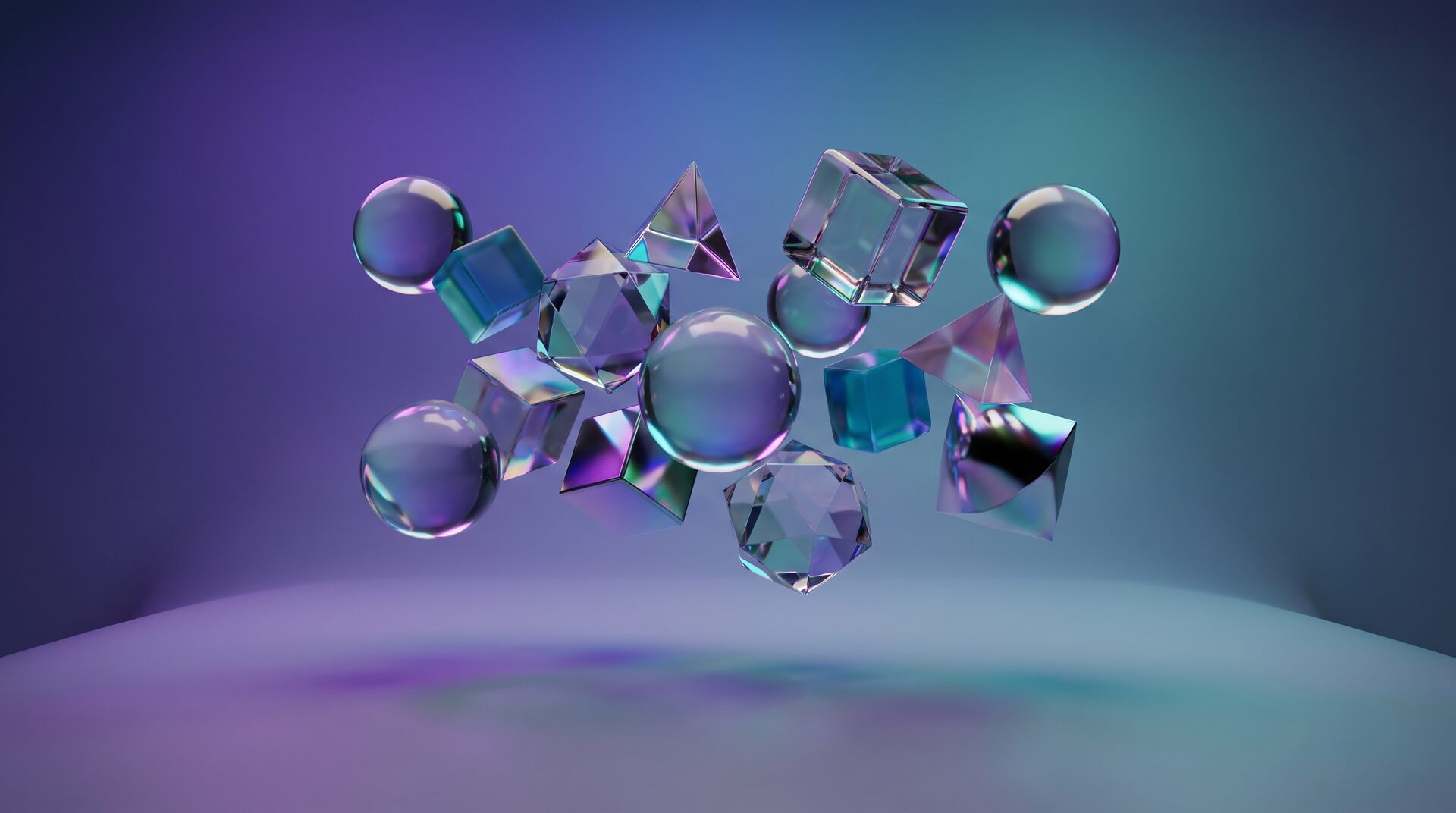 VOLUMEN – abstrakter 3D-Render glänzender Formen in Violett und Türkis