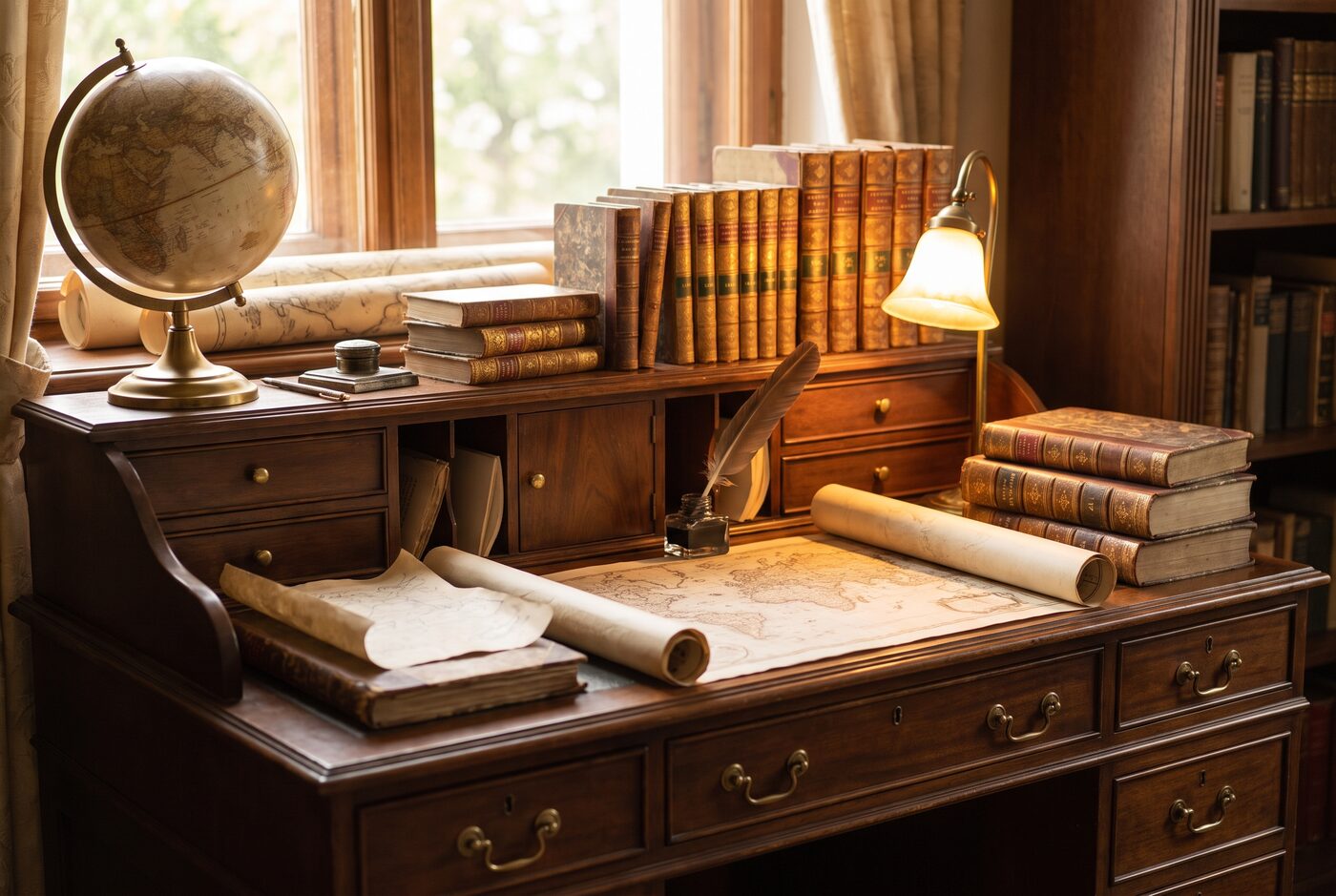 Alter Schreibtisch mit Landkarten, Globus und antiquarischen Büchern im nostalgischen Licht