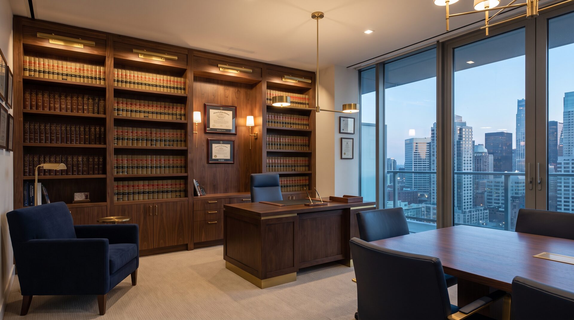MERZ & PARTNER – elegantes Kanzlei-Interieur mit Bücherwand und Messing-Details