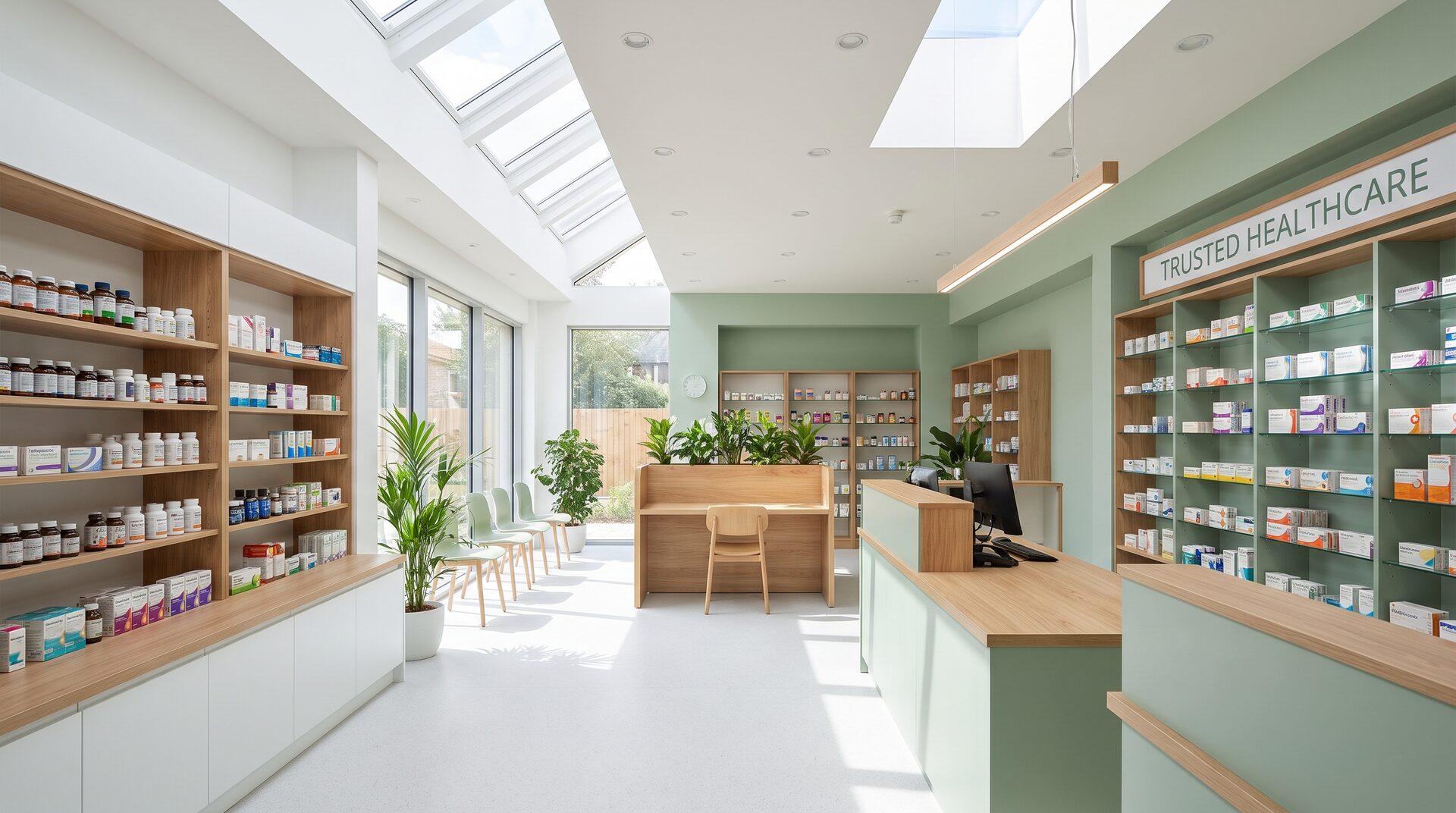 VITALIS – helle moderne Apotheke in Weiss und Medizin-Grün