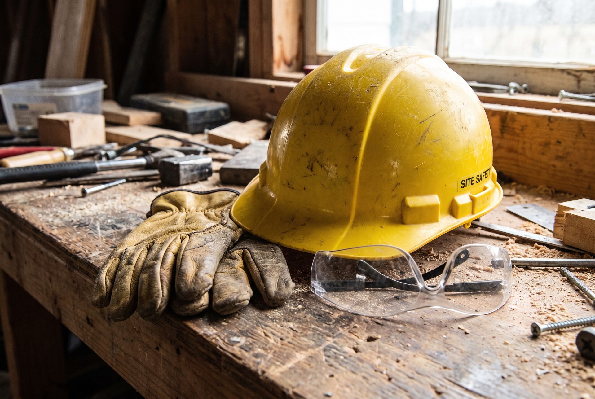 Sicherheitsausrüstung mit Helm, Handschuhen und Schutzbrille