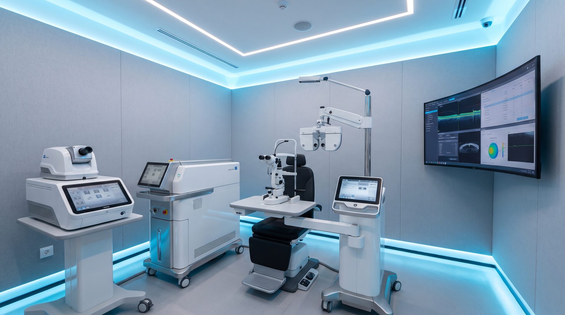 KLARSICHT – modernes augenmedizinisches Untersuchungsgerät in heller Klinik