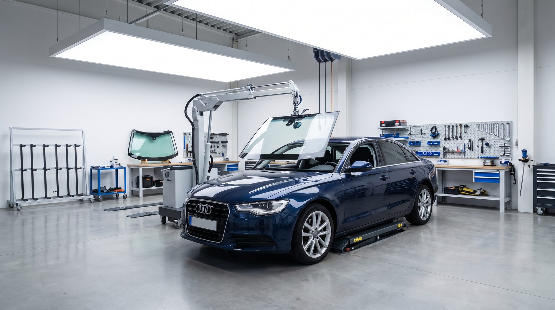 GLASKLAR – helle Autoglas-Werkstatt beim Einsetzen einer Windschutzscheibe