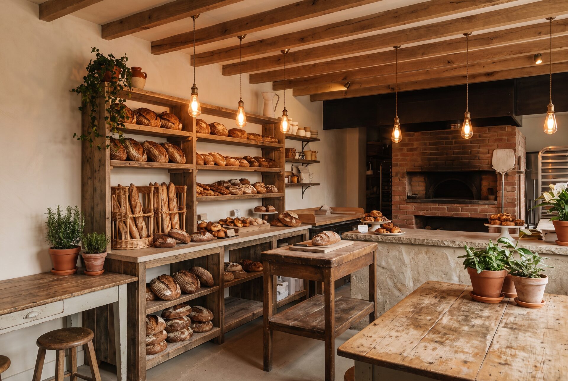 Gemütliches Interieur der Bäckerei KORN und KRUME mit warmem Holz und gefüllten Auslagen
