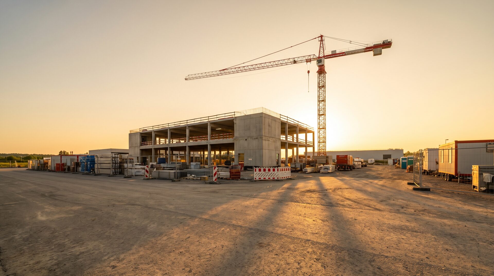 TAKTPLAN – aufgeräumte Baustelle mit Kran im goldenen Abendlicht