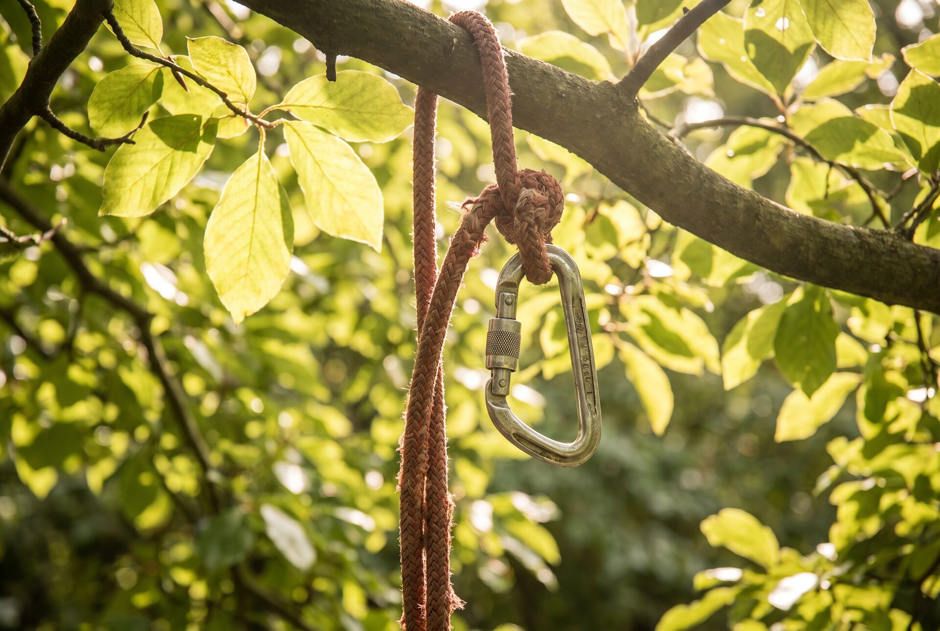 Kletterseil und Karabiner eines Baumpflegers in einer grossen Baumkrone