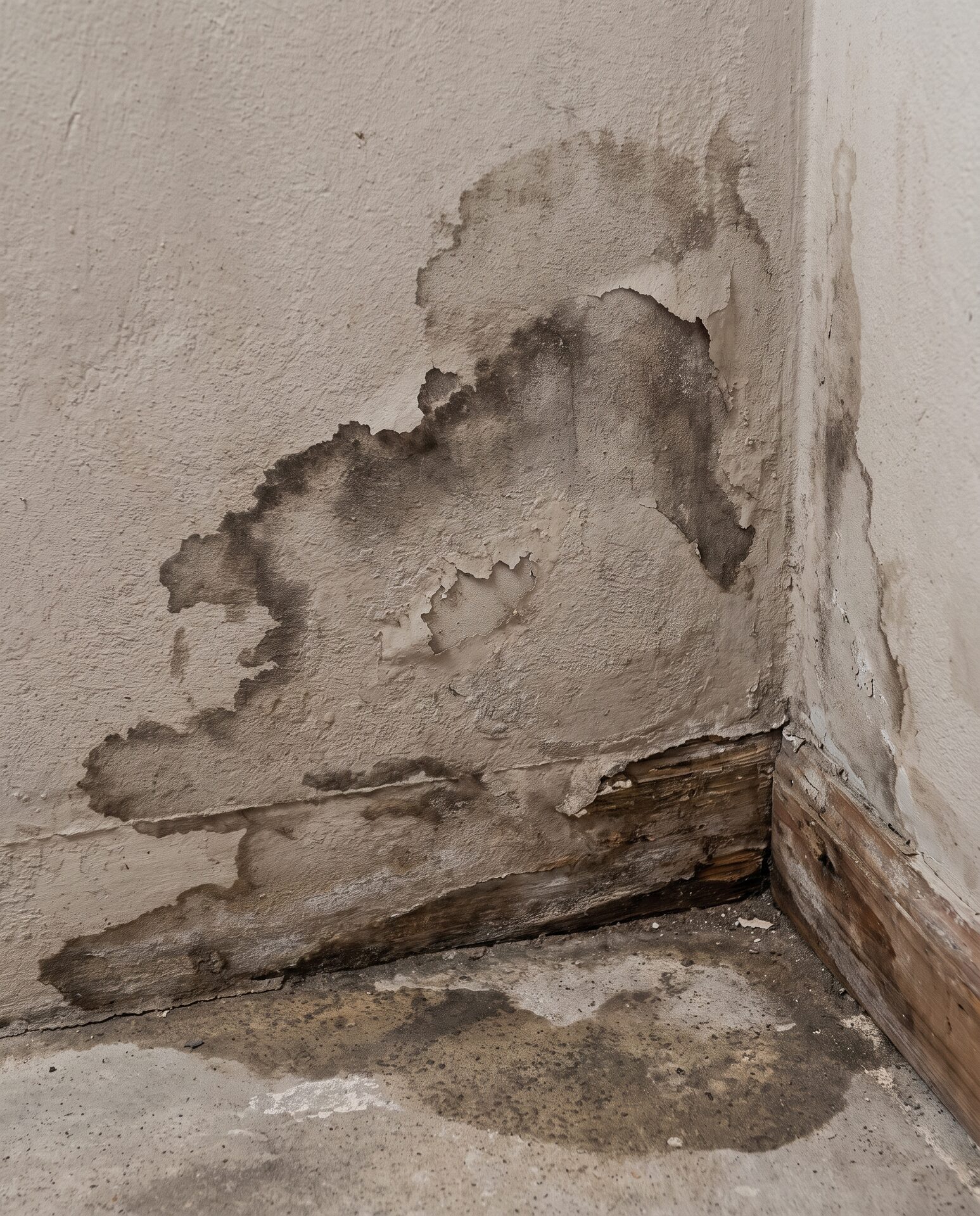 Detailaufnahme von Wasserflecken und feuchten Stellen an Wand und Bodenrand