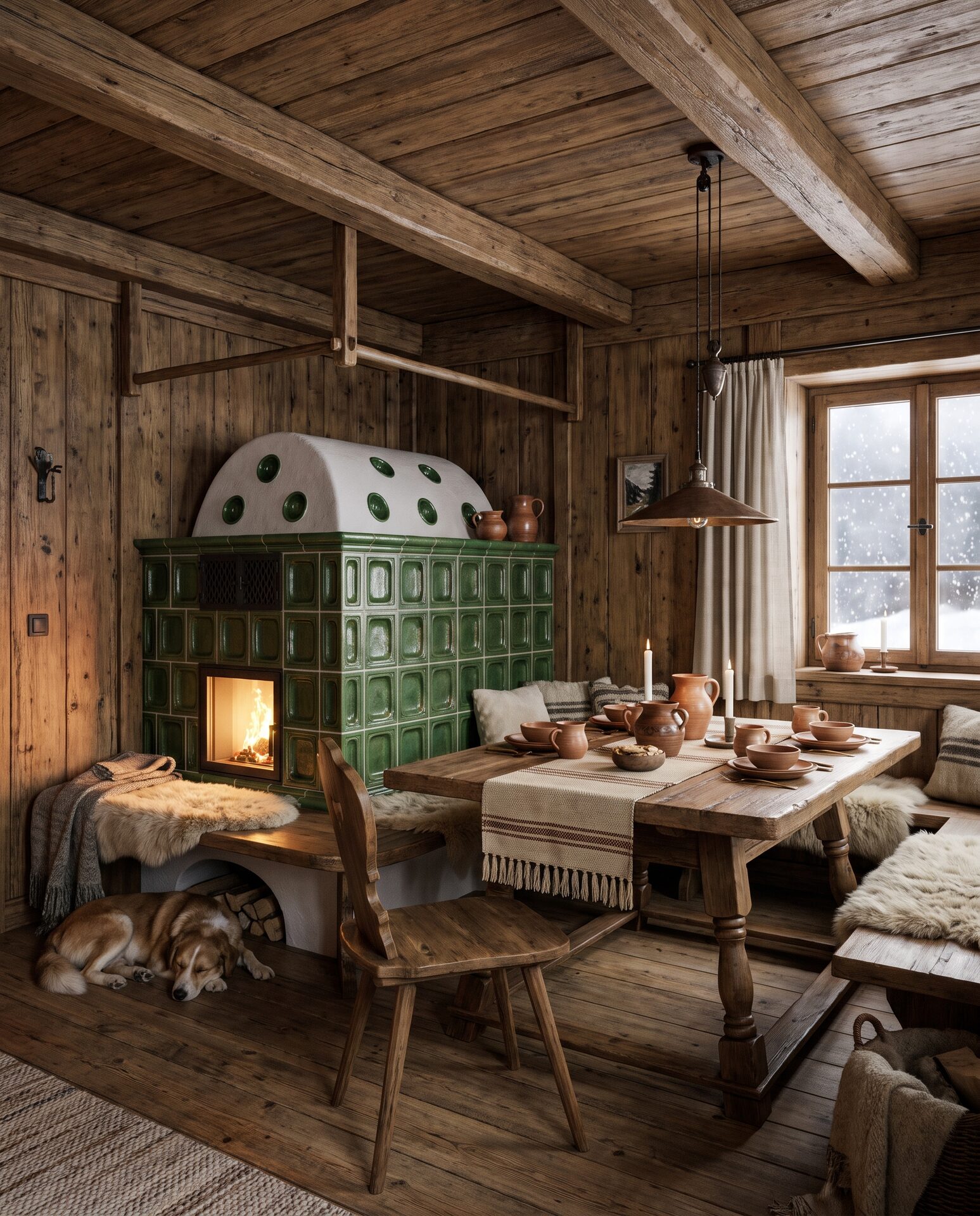 Gemütliche Alpenstube mit Holzvertäfelung und Kachelofen