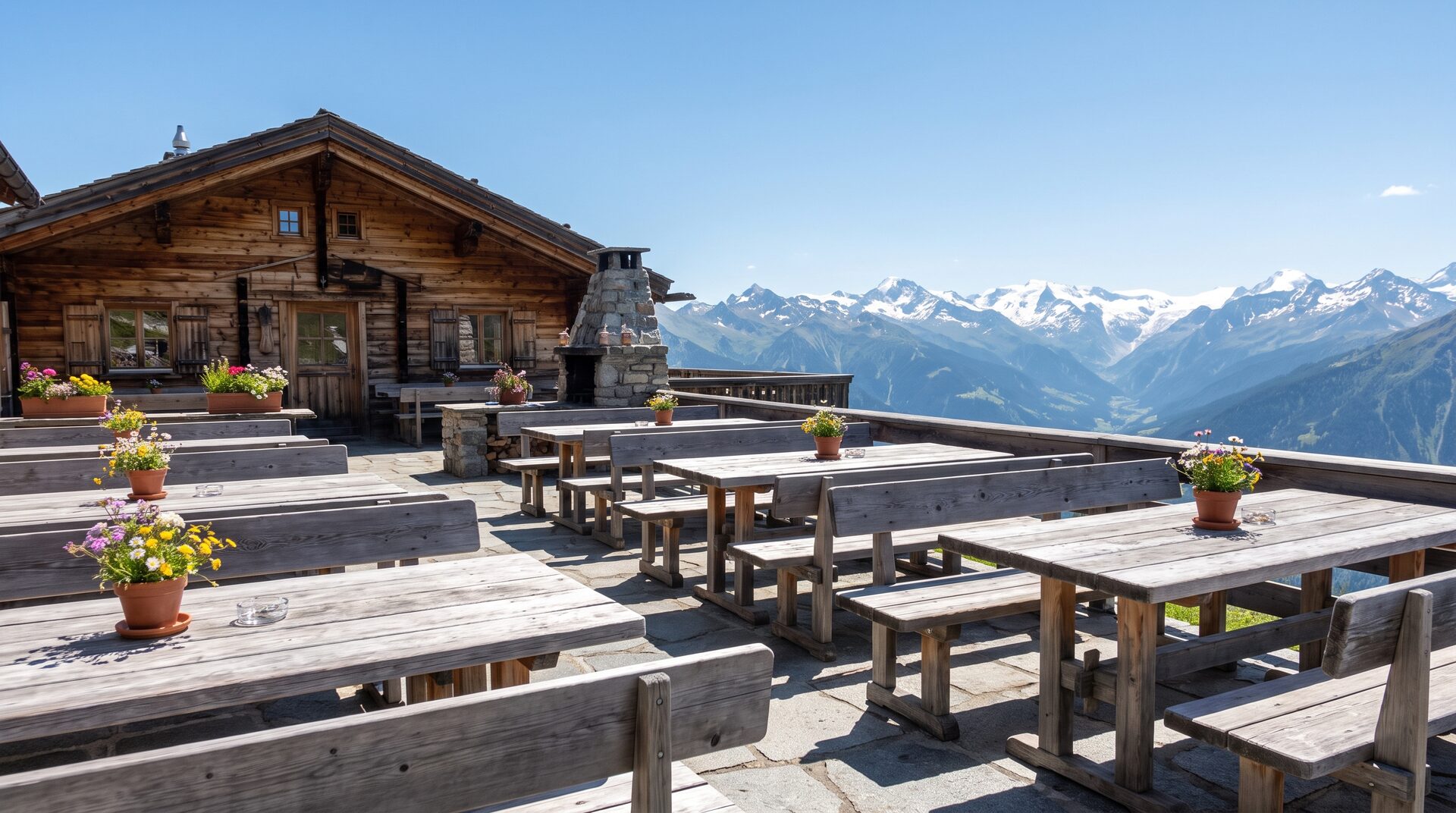 GIPFELSTUBE – Terrasse eines Bergrestaurants mit Holztischen und Alpenpanorama
