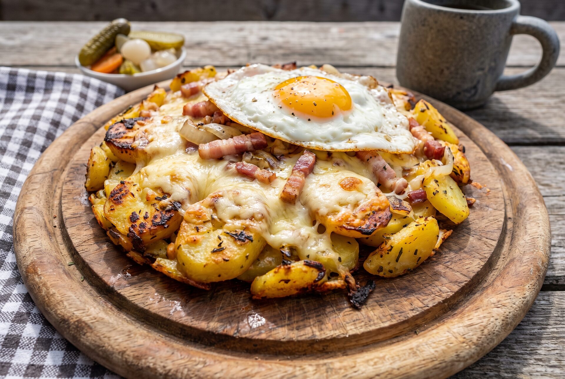 Deftiges Alpengericht mit Rösti und Käse auf einem Holzteller