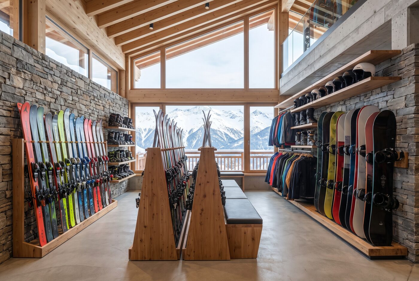 Ski- und Snowboard-Ausrüstung übersichtlich im Bergsport-Fachgeschäft präsentiert