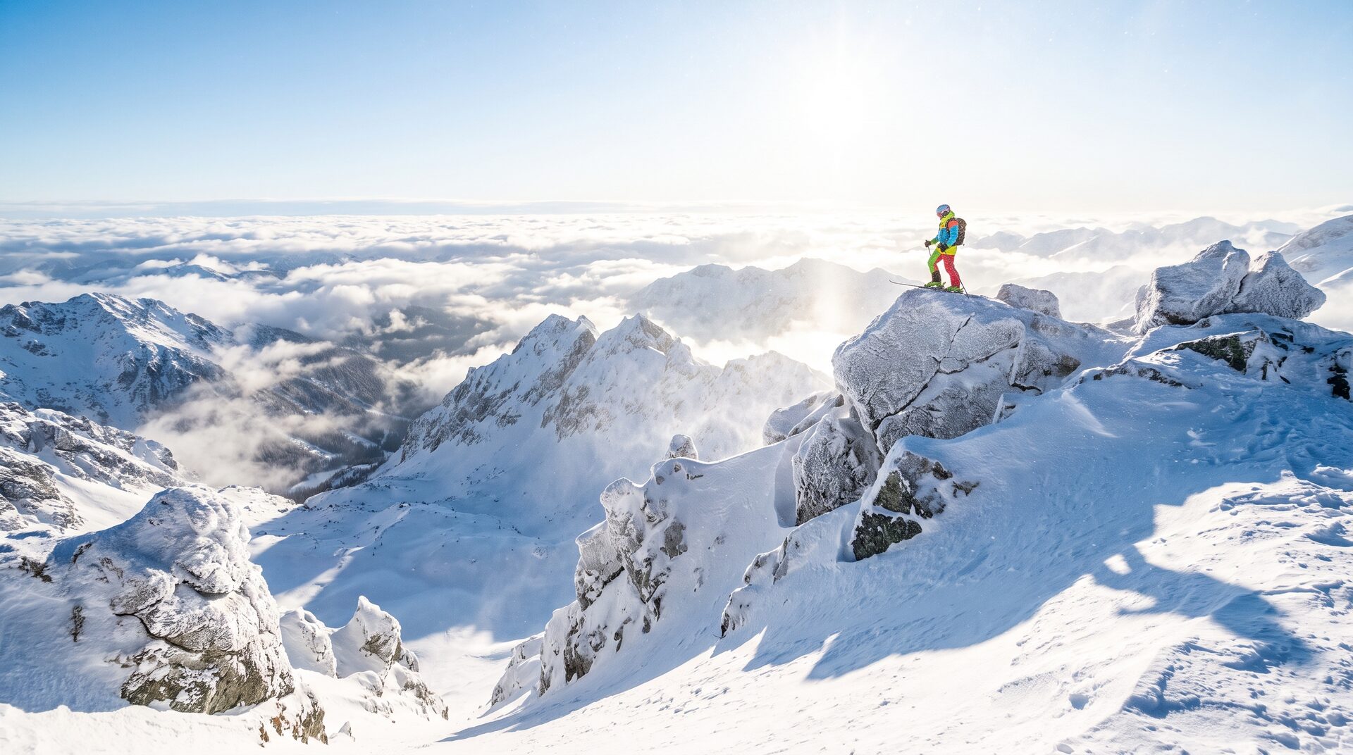 GIPFEL – verschneiter Alpengipfel mit Skifahrer im kalten Licht