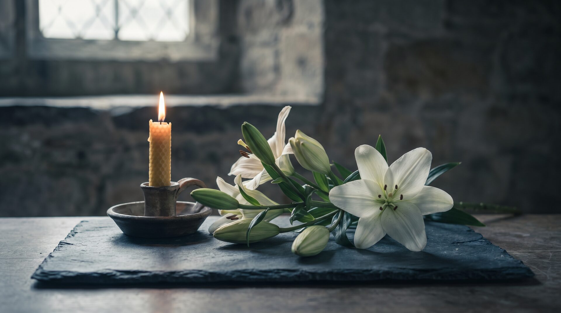 STILLE – Kerze und weisse Lilien in ruhigem Licht