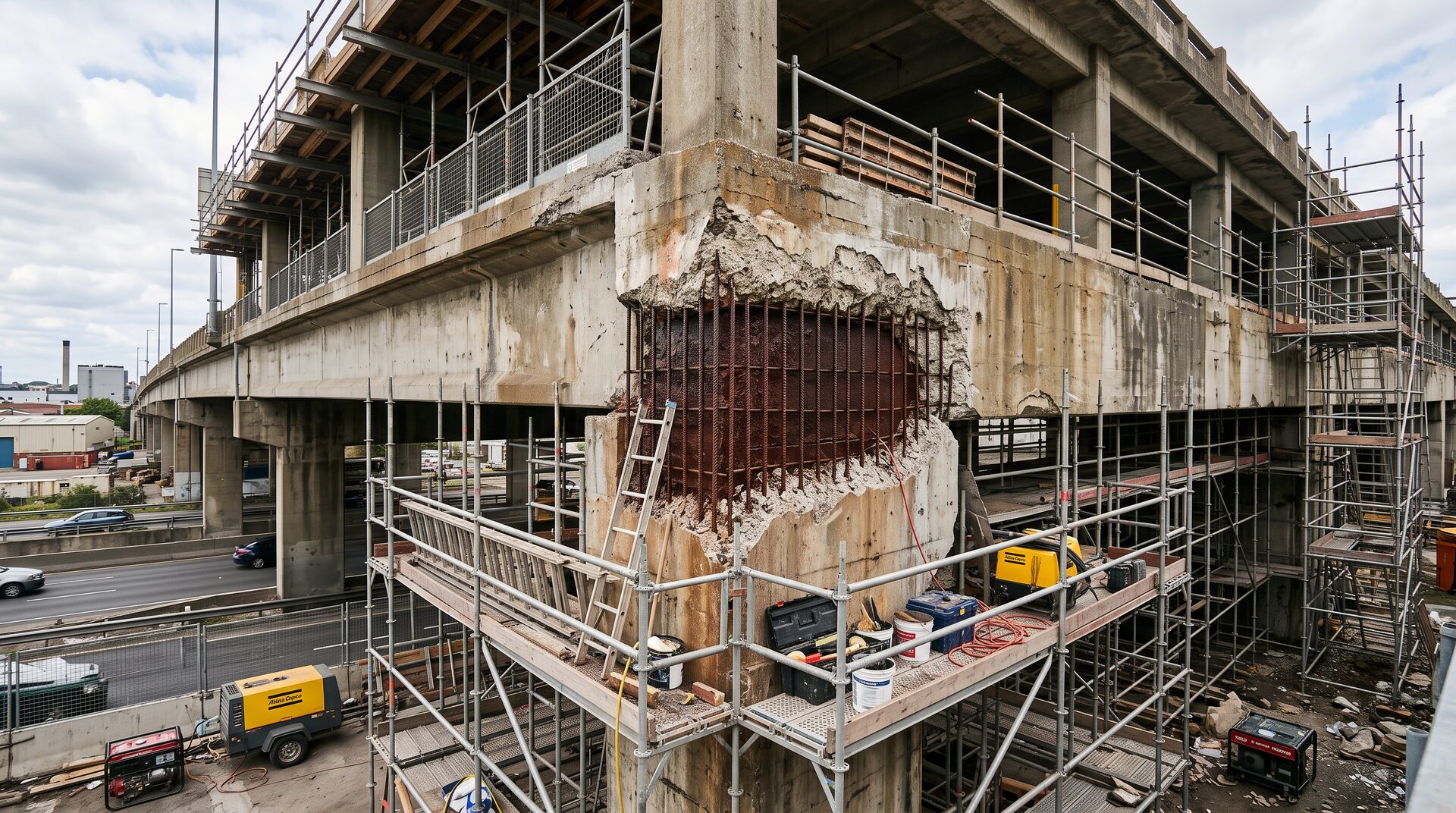 BETONKUR – Betonsanierung an einem Parkdeck mit freigelegter Bewehrung