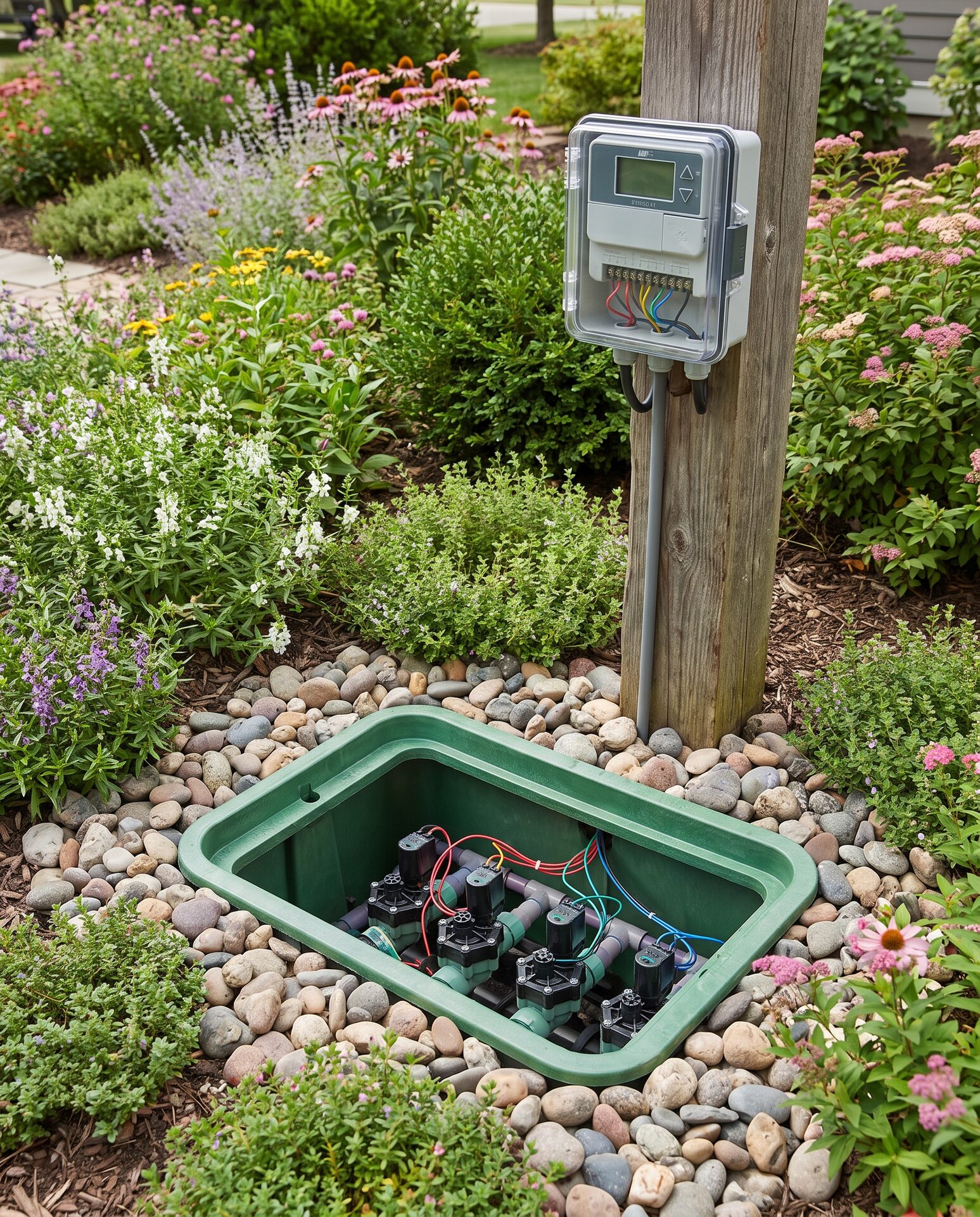 Sauber installierter Bewässerungs-Ventilkasten und Steuerung im Garten