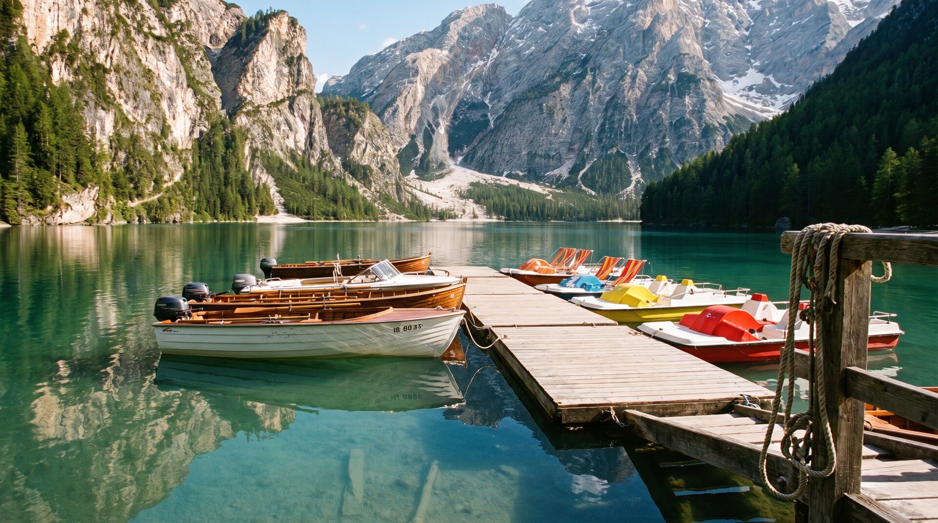 LEINEN LOS – Motorboote und Pedalos an einem Steg am See mit Alpenkulisse