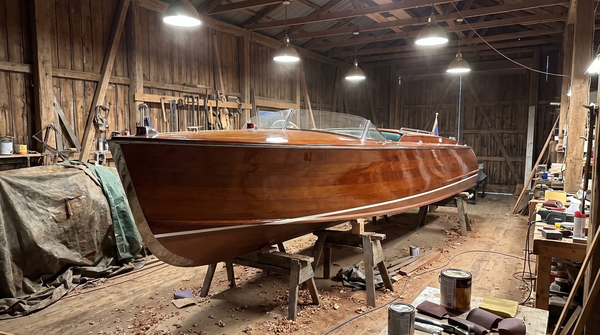 WERFT 8 – klassisches Holzmotorboot mit lackiertem Mahagonirumpf
