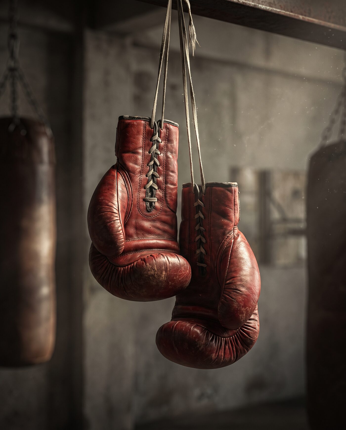 Rote Boxhandschuhe hängen im dunklen Trainingsraum unter dramatischem Licht