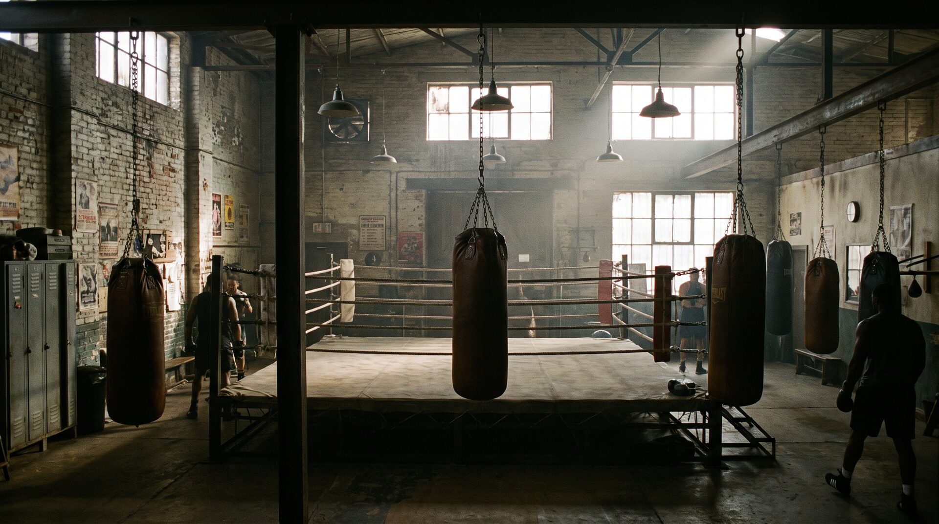RINGFREI – Boxring in düsterer urbaner Boxhalle mit dramatischem Licht