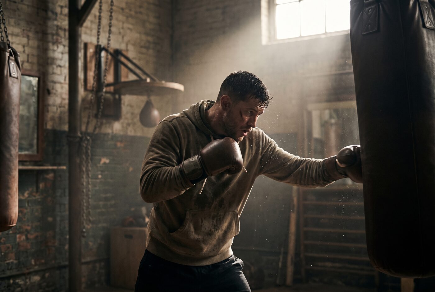 Boxer trainiert dynamisch am Sandsack in verrauchtem, dramatisch beleuchtetem Gym