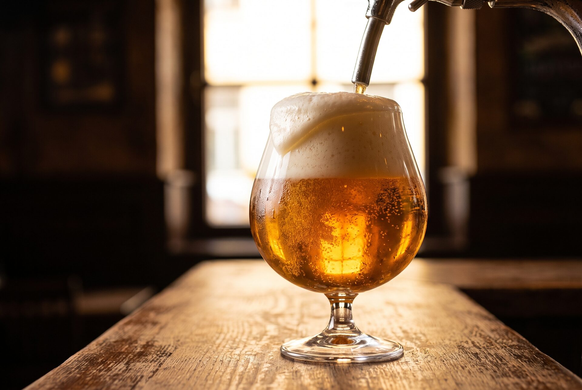 Frisch gezapftes bernsteinfarbenes Bier mit Schaumkrone