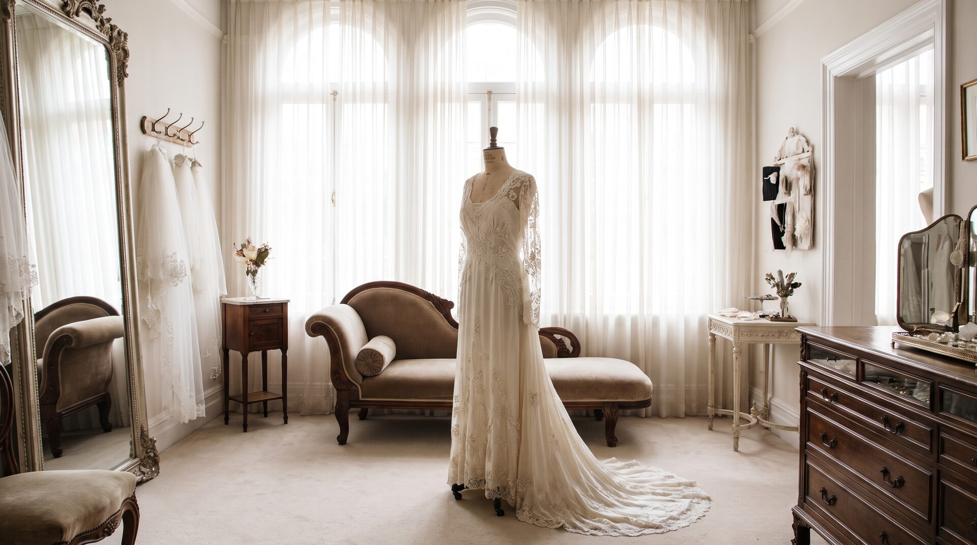 WEISS & CO – elfenbeinfarbenes Brautkleid im Atelier