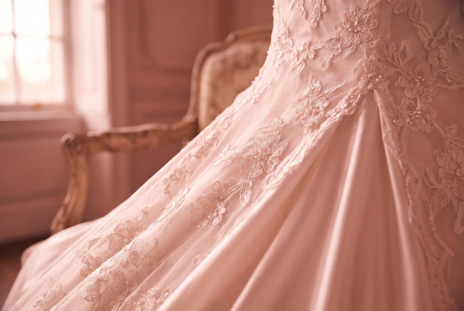 Detailaufnahme von Spitze und Seide eines Brautkleids