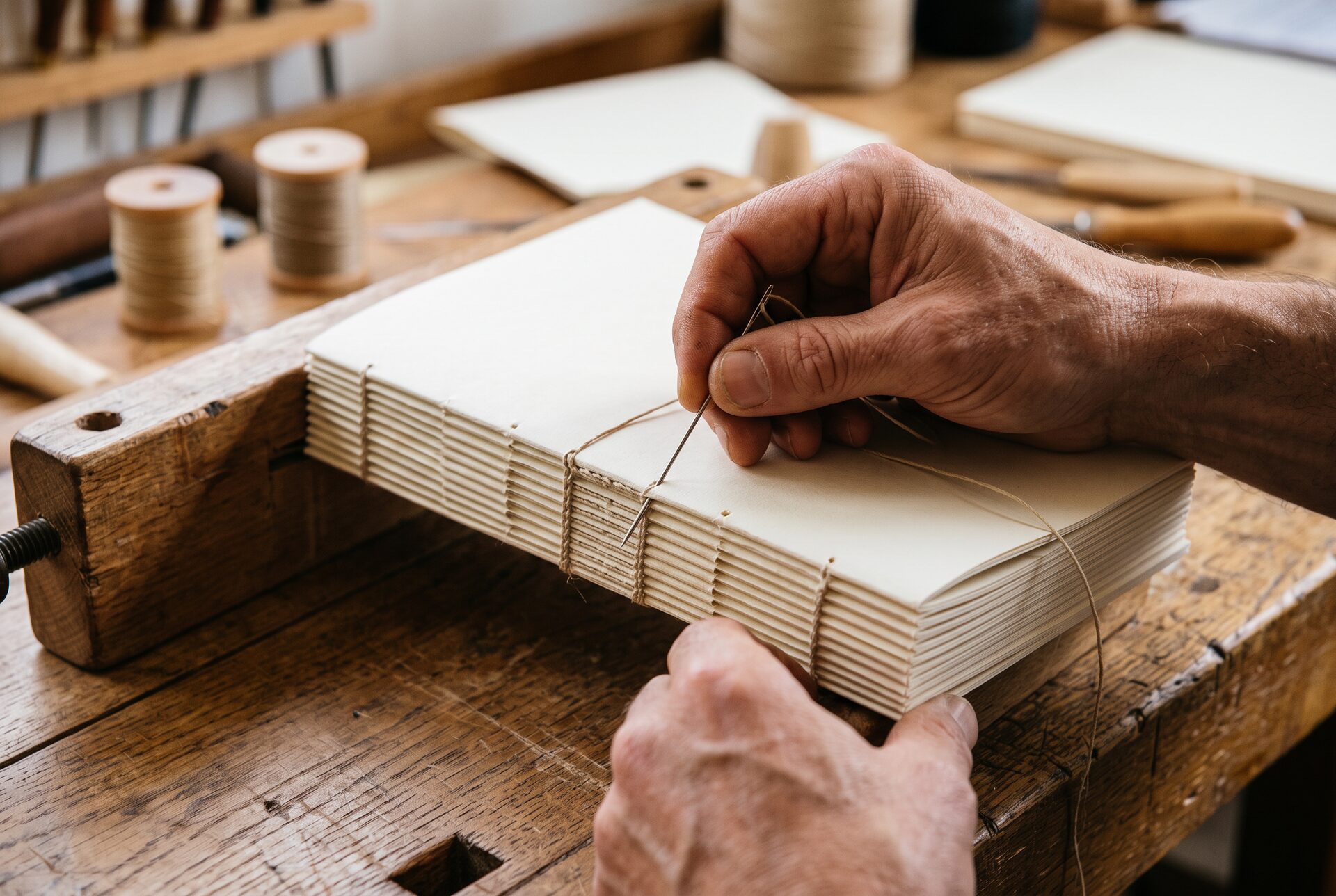 Alte Bücher mit Ledereinband und Goldprägung auf einem Werktisch