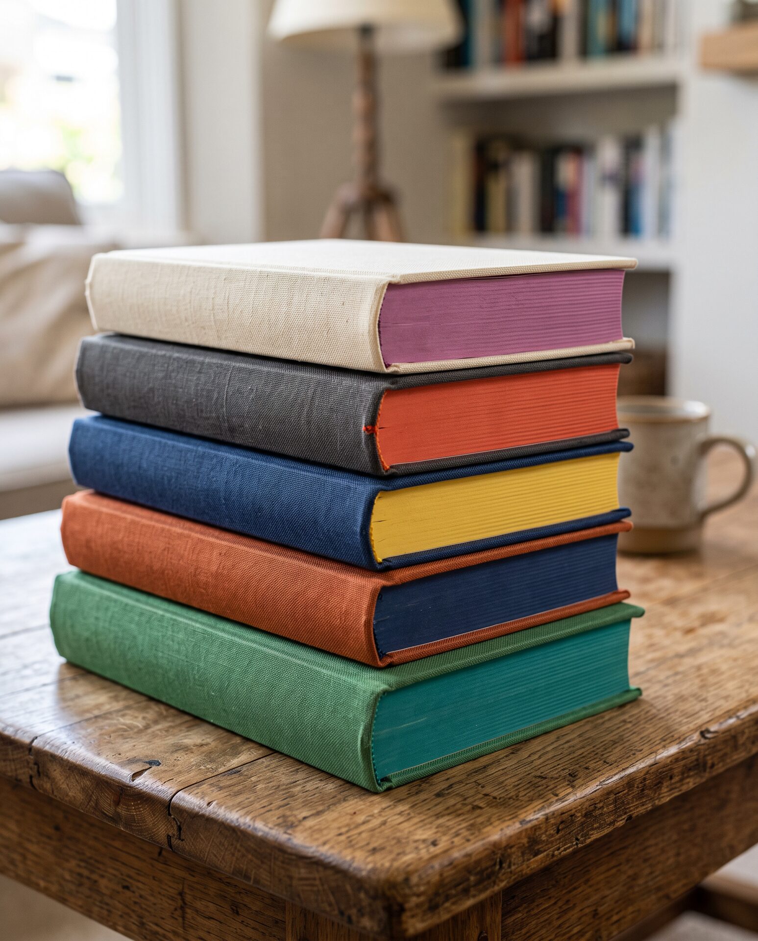 Stapel Hardcover-Bücher mit Leineneinband und farbigem Schnitt