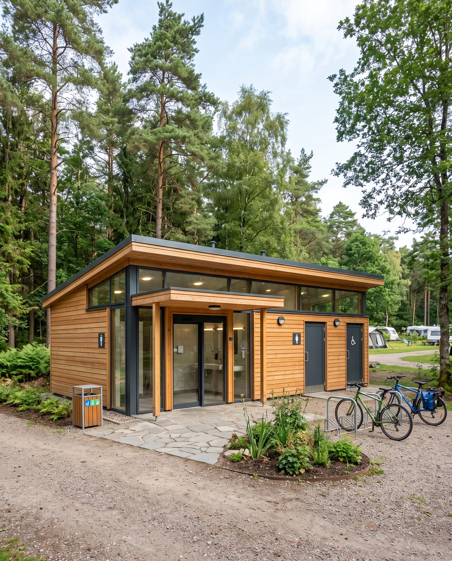 Modernes Sanitärgebäude eines Campingplatzes mit Holzverkleidung