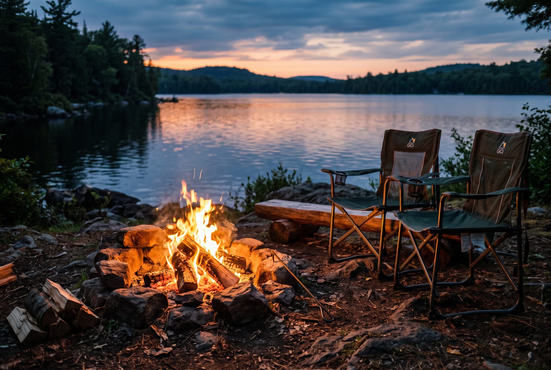 Lagerfeuer und Campingstühle am See in der Abenddämmerung
