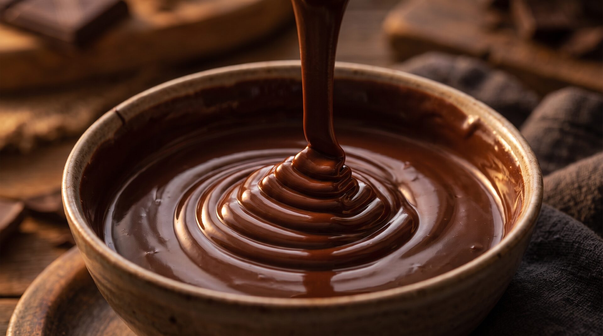CACAO – glänzender dunkler Schokoladen-Guss im warmen Licht