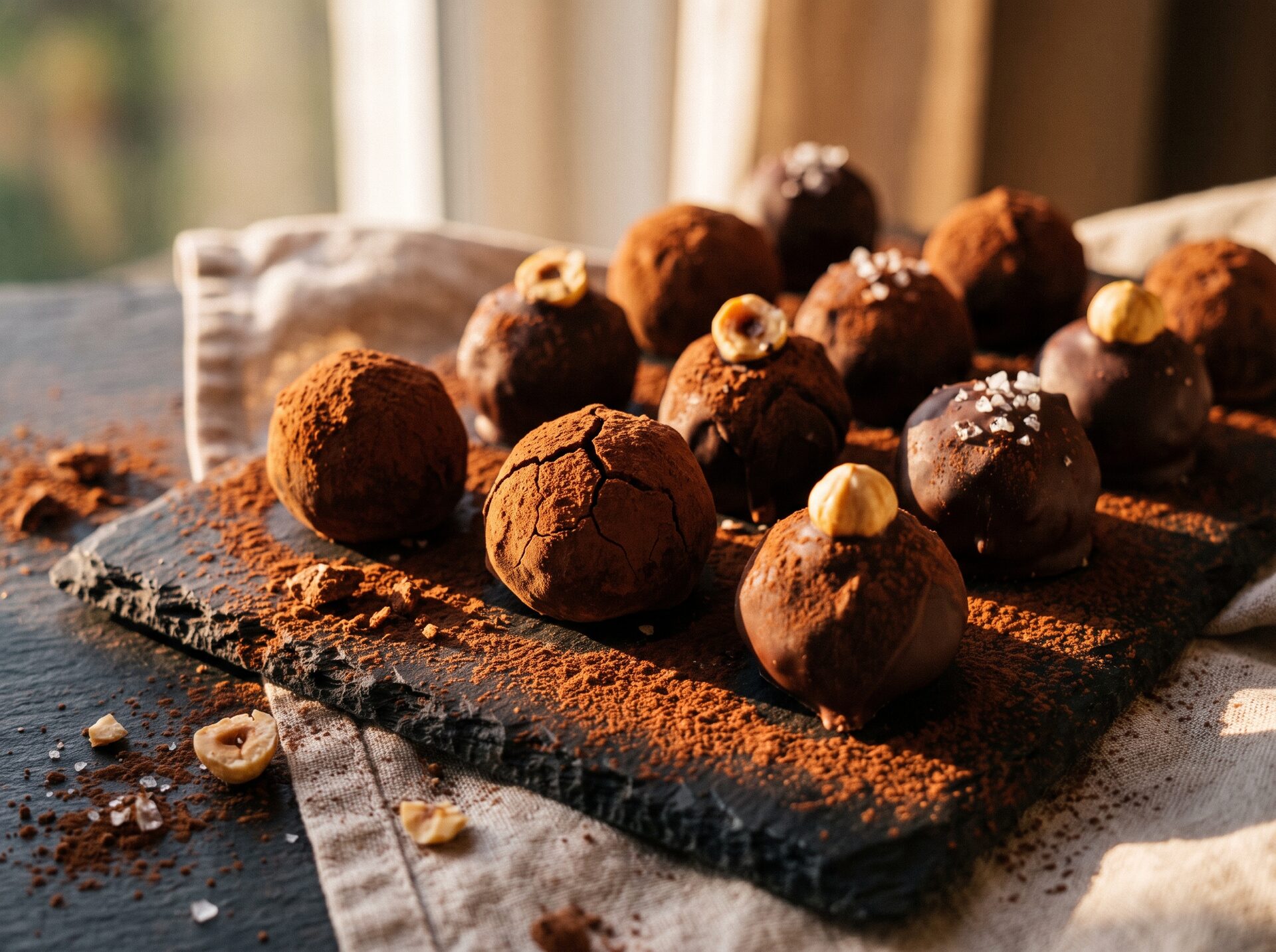 Sortiment glänzender, handgeschöpfter Pralinés mit feinen Gold- und Kakaoverzierungen