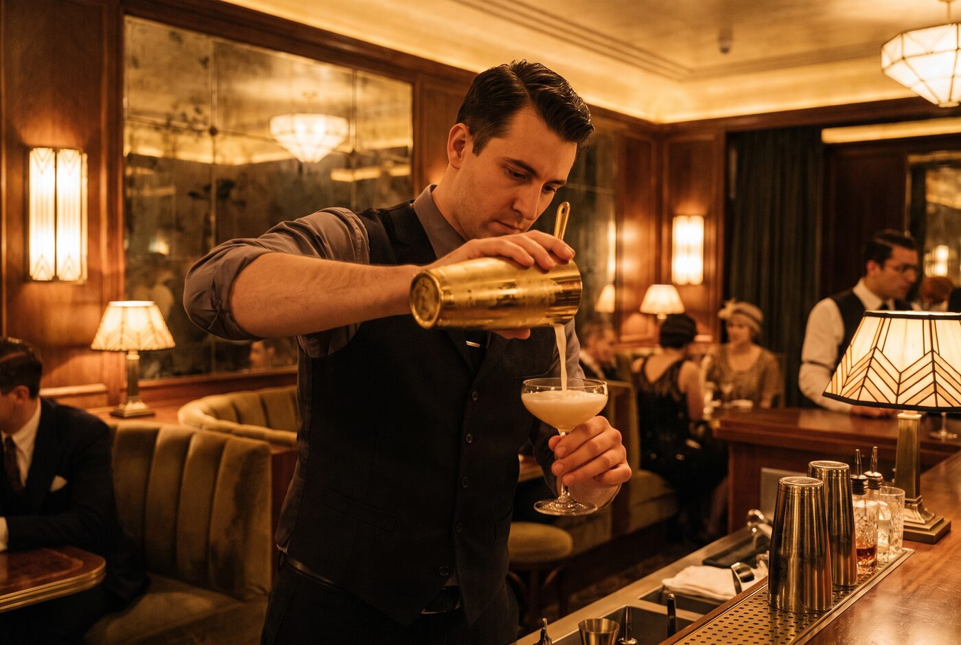Barkeeper giesst einen Cocktail in einer stimmungsvollen Art-Déco-Bar bei warmem Licht