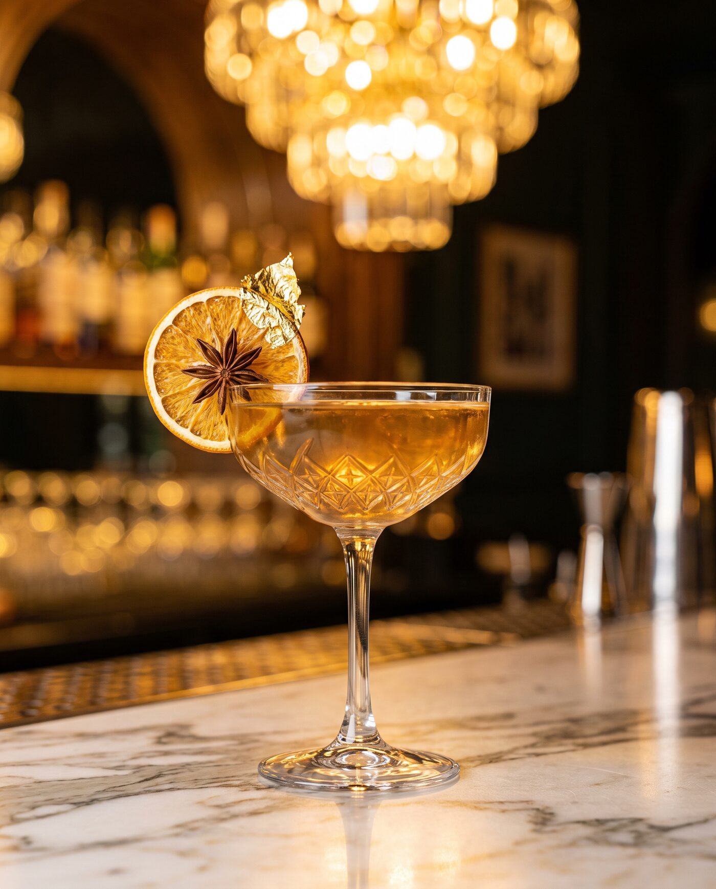 Eleganter Signature-Cocktail mit Garnitur auf einer Marmor-Bar im goldenen Licht