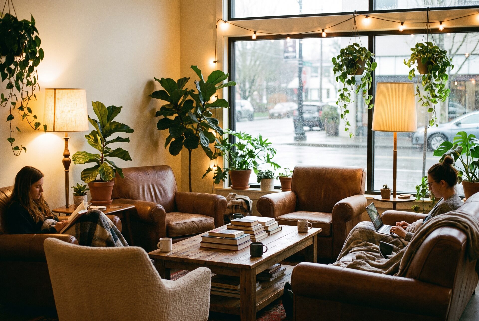 Gemütliche Lounge-Ecke bei NEST mit Sofa und warmem Licht