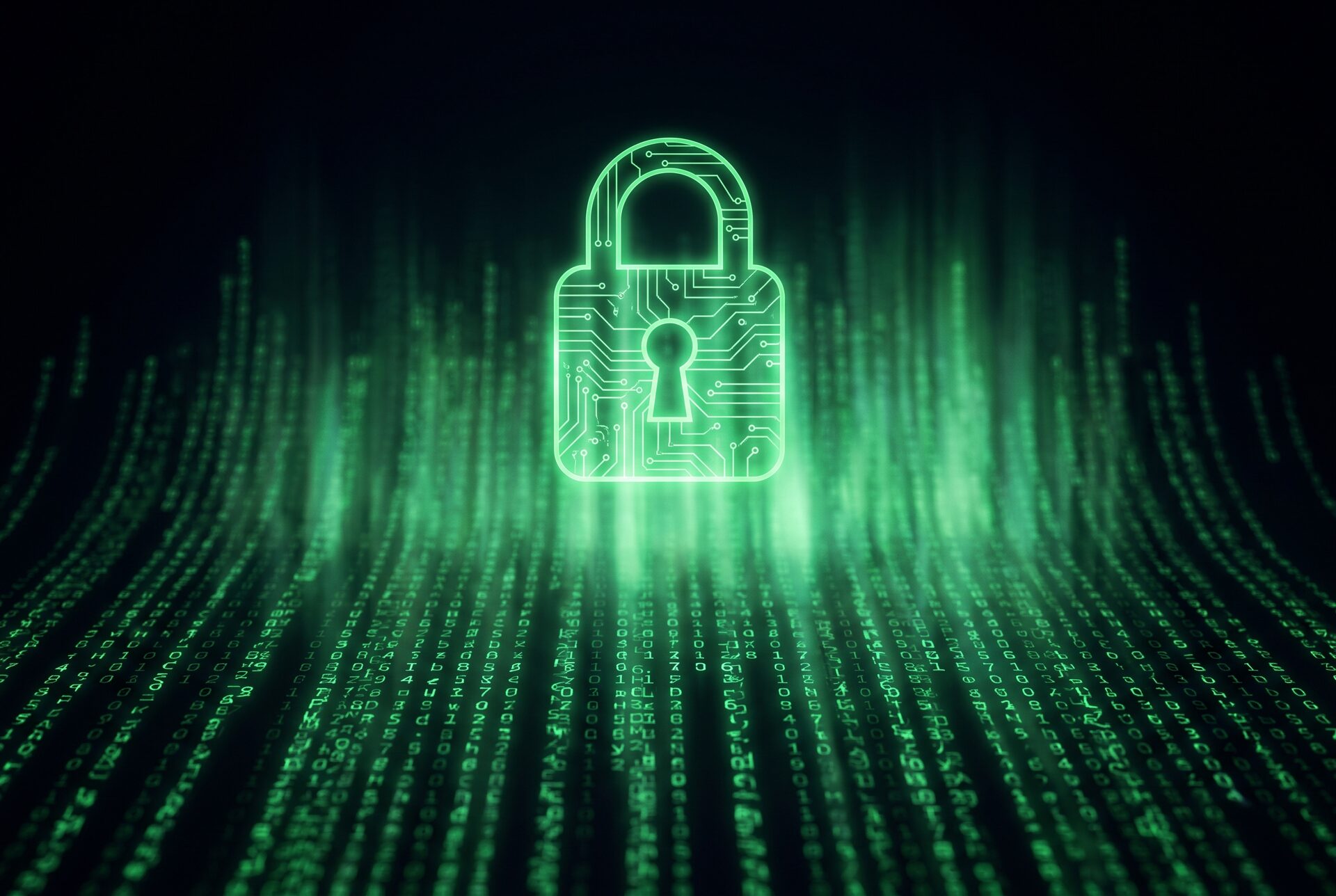 Digitales Vorhängeschloss über Programmcode als Symbol für Verschlüsselung