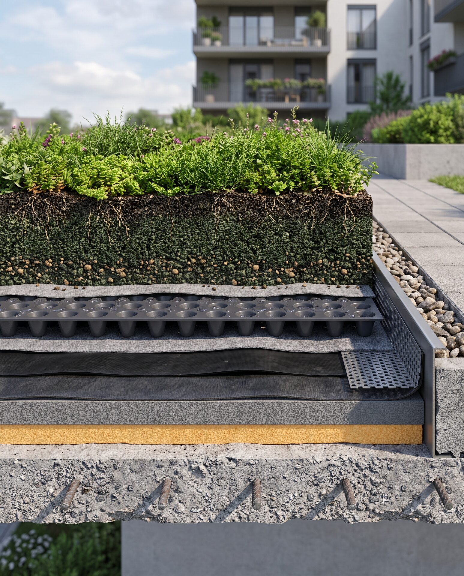 Schichtaufbau eines Gründachs mit Drainage und Substrat