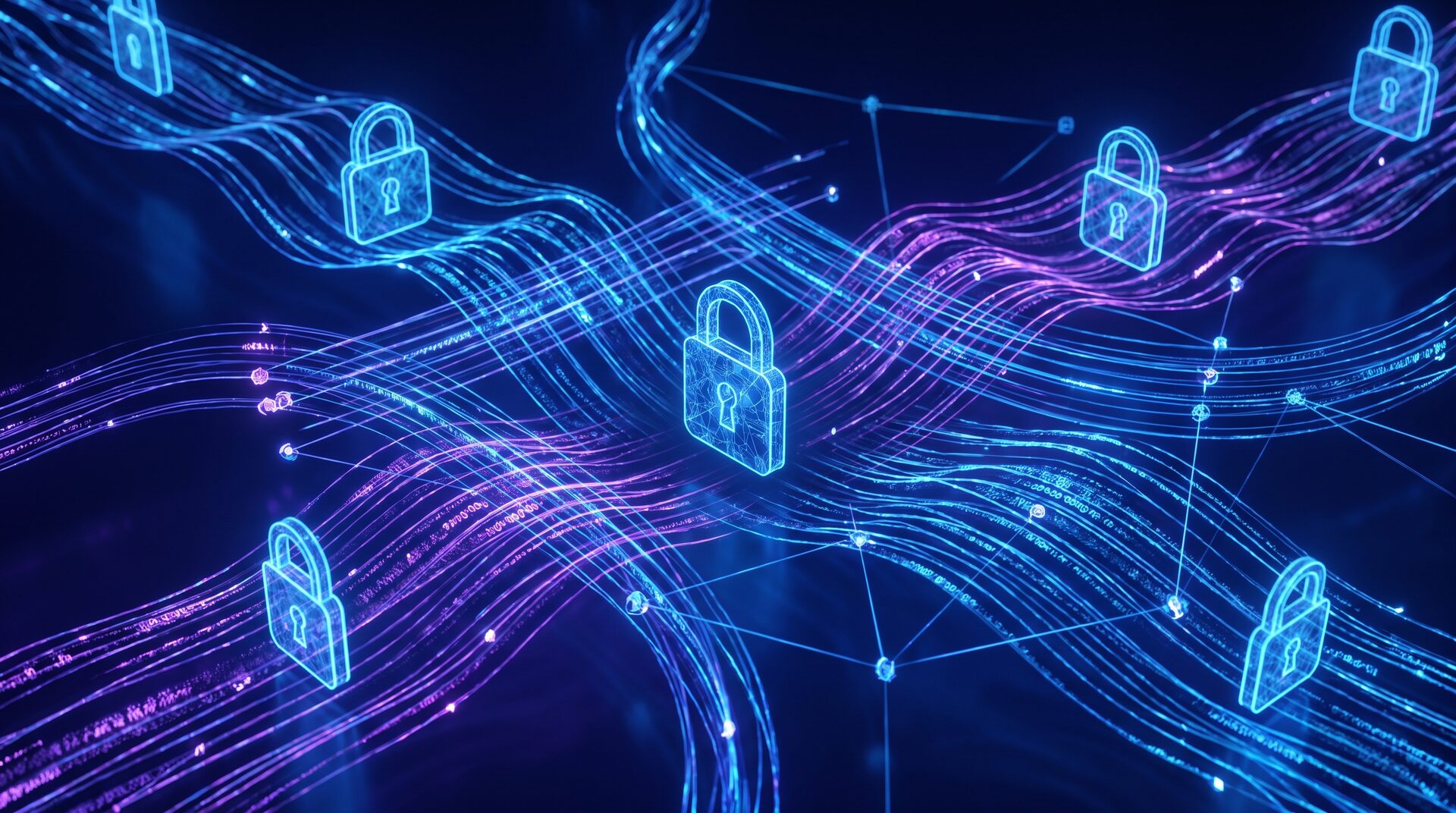 DATENSCHILD – abstrakte Darstellung von Datensicherheit mit Schloss und Netzwerk
