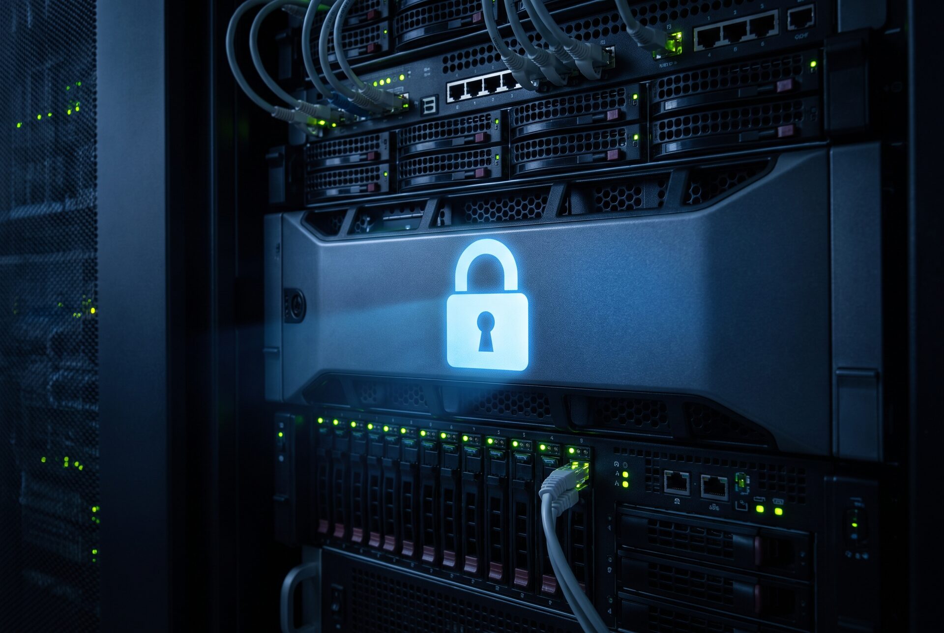 Serverraum mit blau beleuchteten Racks und Netzwerkkabeln