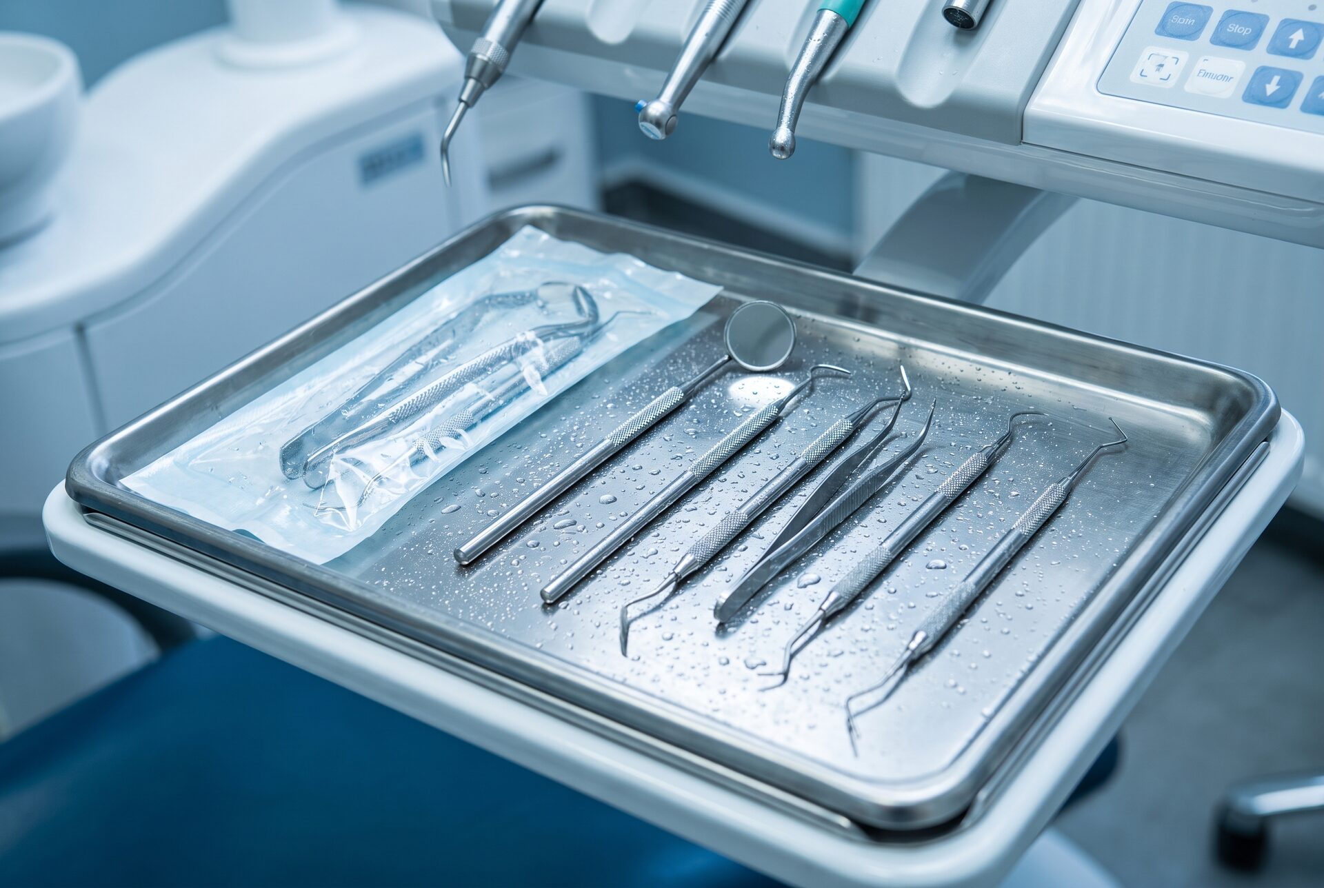 Sterile Dentalhygiene-Instrumente ordentlich auf einem Tablett