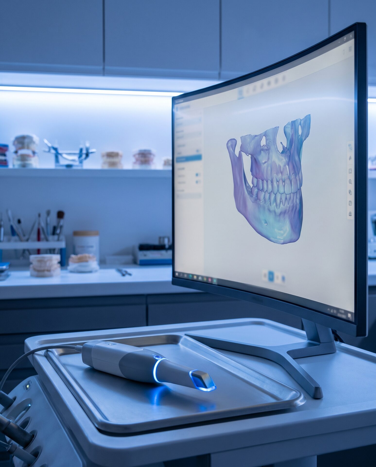 Digitaler Dentalscanner und 3D-Kiefermodell auf einem Bildschirm im Labor