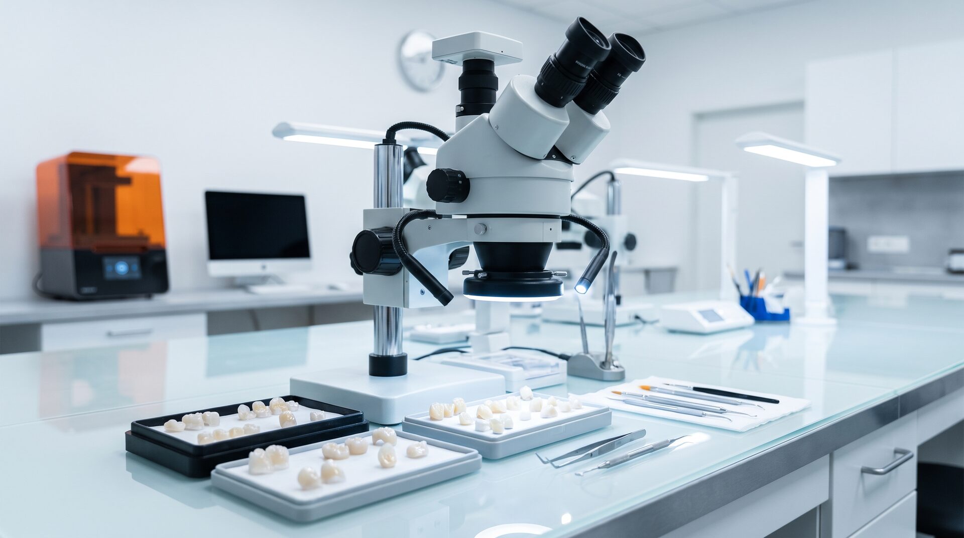 KRONENWERK – modernes Dentallabor mit Keramikkronen und Mikroskop