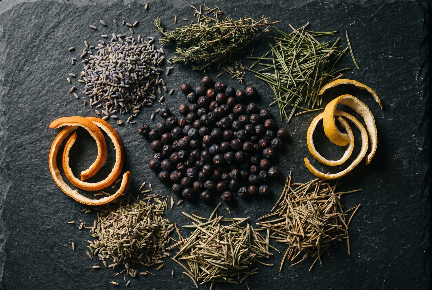 Flatlay alpiner Botanicals — Wacholderbeeren, Bergkräuter und Zitrusschalen auf dunklem Stein