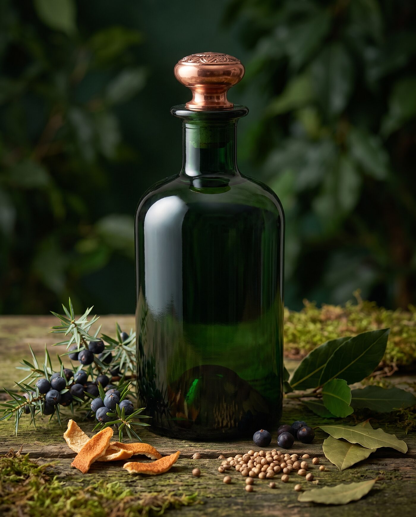 Elegante Craft-Gin-Flasche umgeben von Wacholder und Botanicals in Waldgrün-Tönen