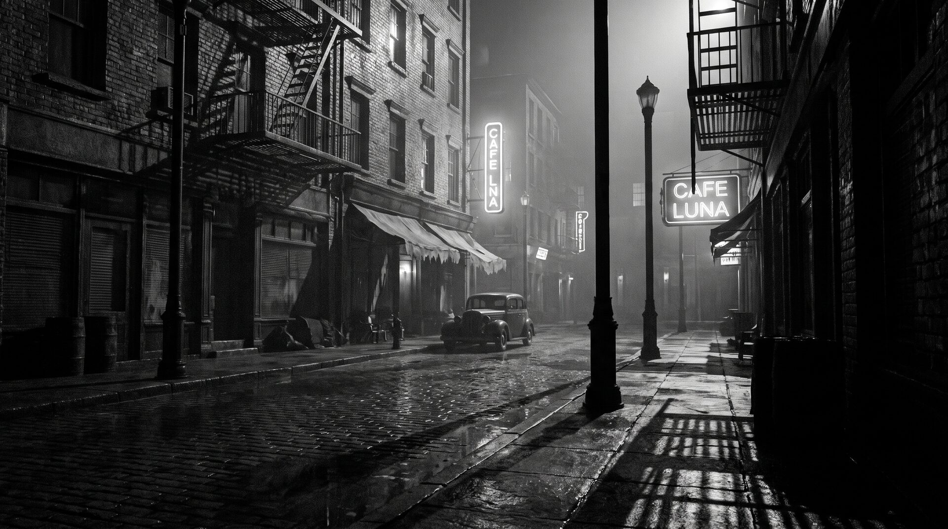 SCHATTEN – Film-Noir-Strasse bei Nacht im Regen