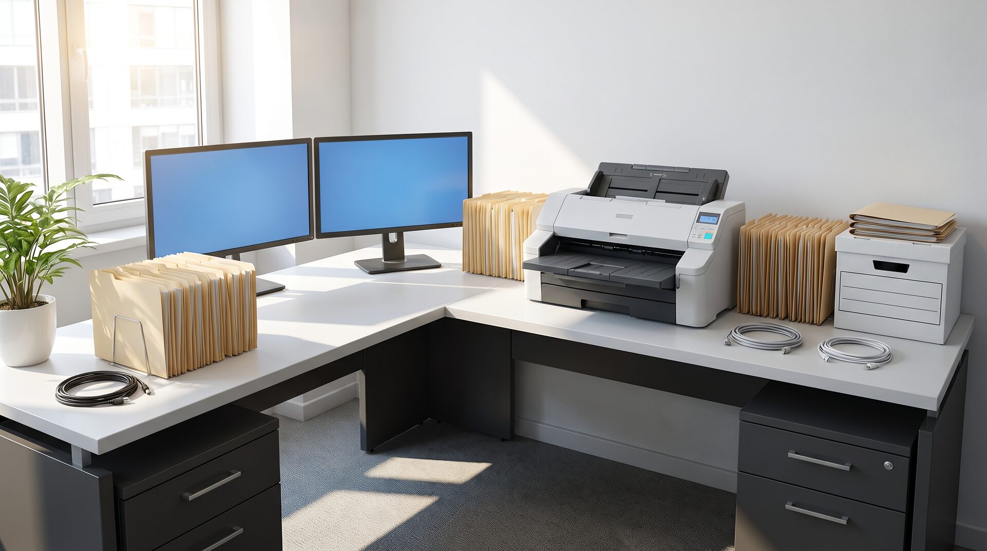 AKTENLOS – aufgeräumter digitaler Arbeitsplatz mit Bildschirm und Scanner