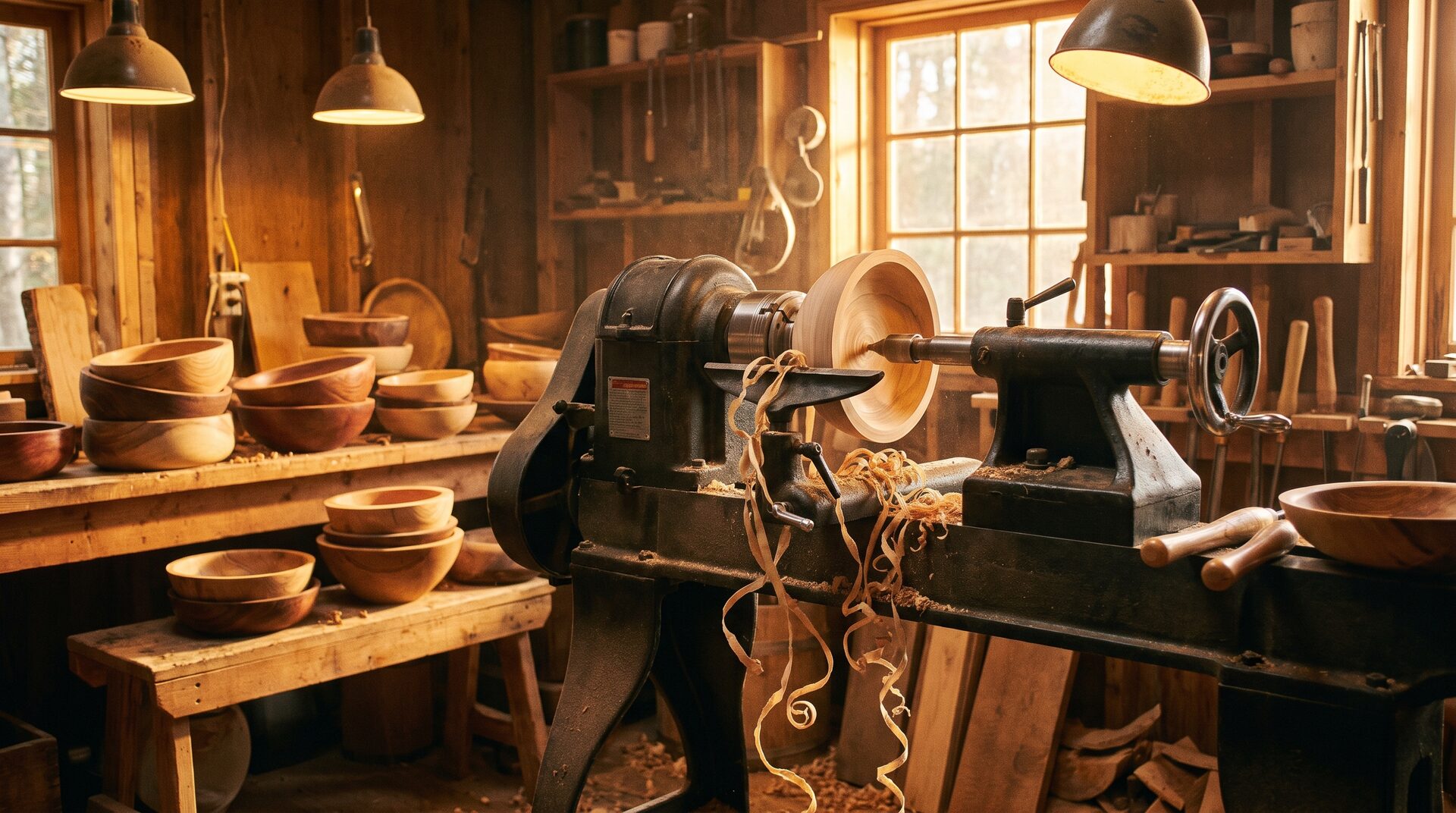 SPINDEL – Drechslerwerkstatt mit Drehbank und Holzspänen