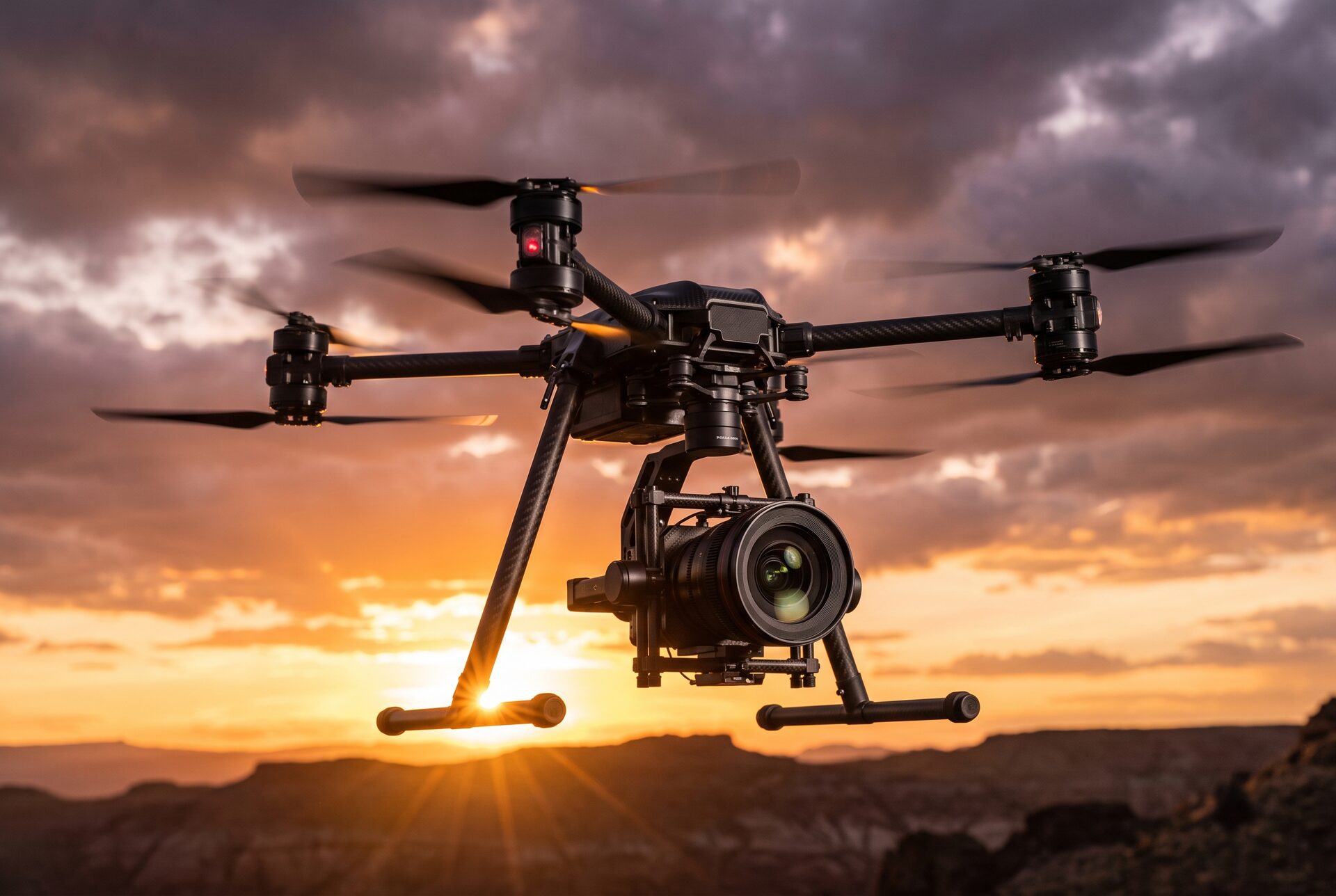 Professionelle Kameradrohne im Schwebeflug vor dramatischem Abendhimmel