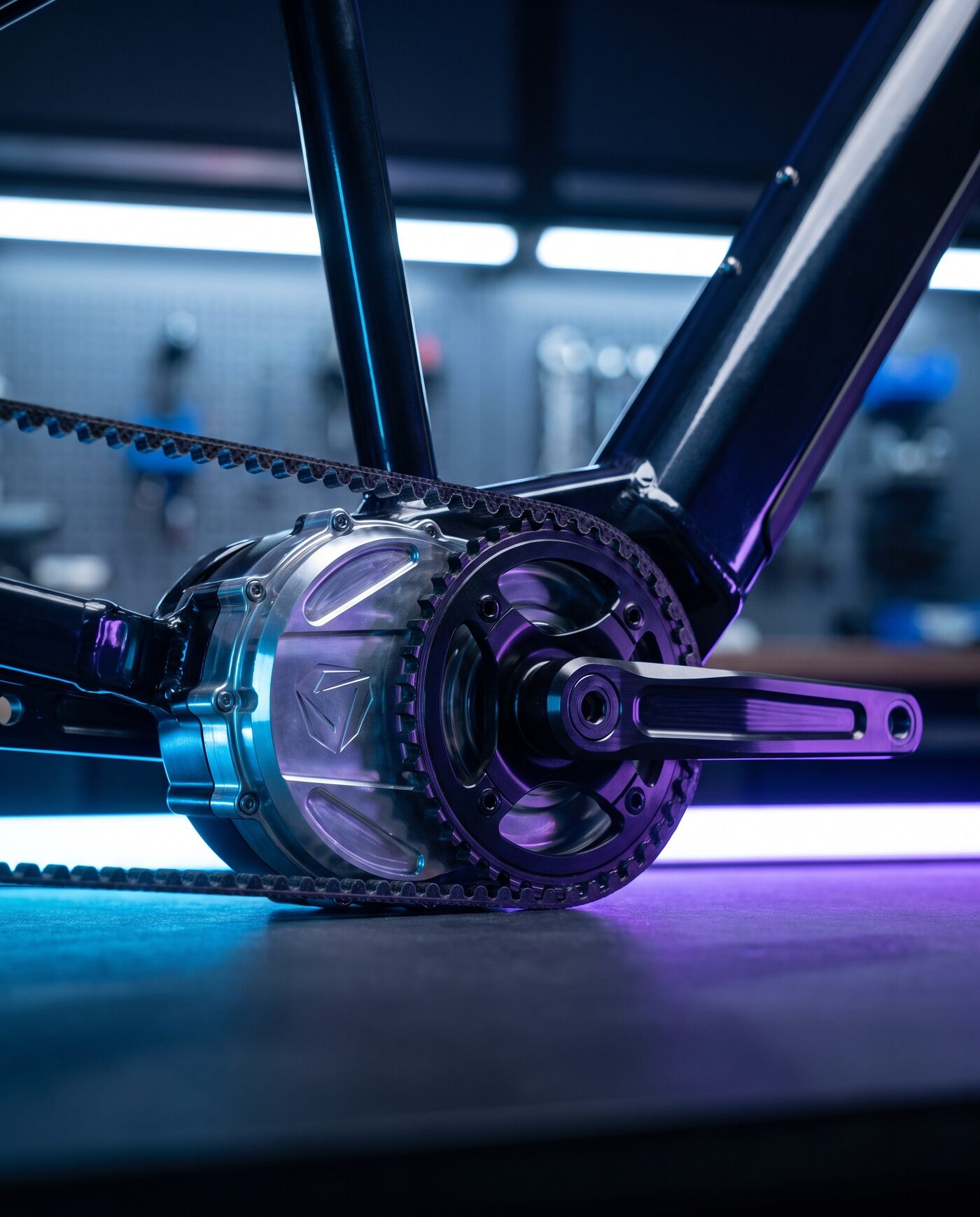 Nahaufnahme von Mittelmotor und Antrieb eines E-Bikes in kühlem Licht